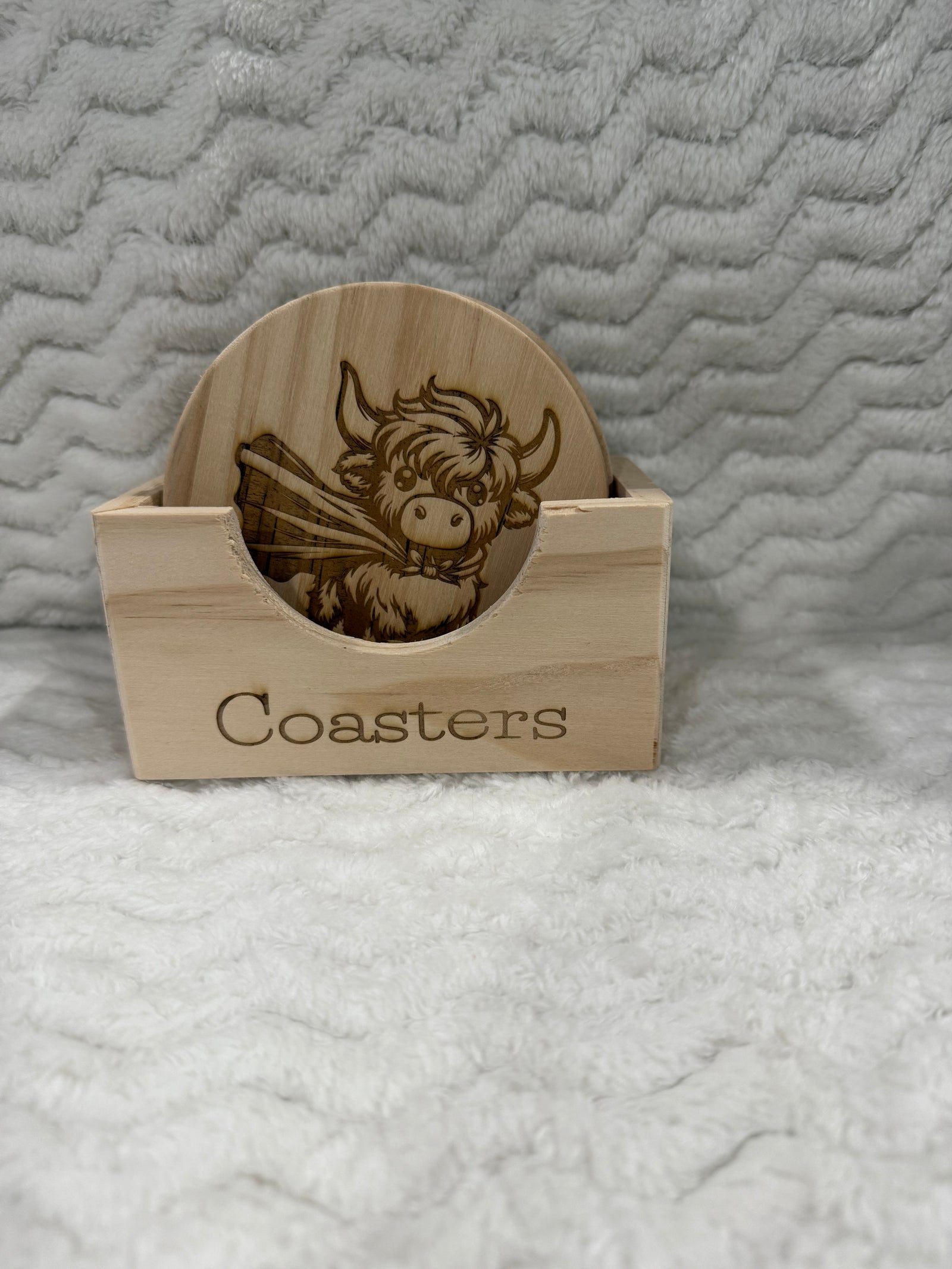 Highland cow wood coaster set